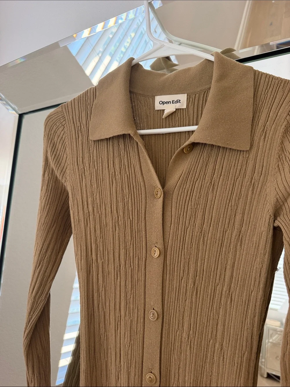Long Button-Front Ribbed Knit Dress in Brown